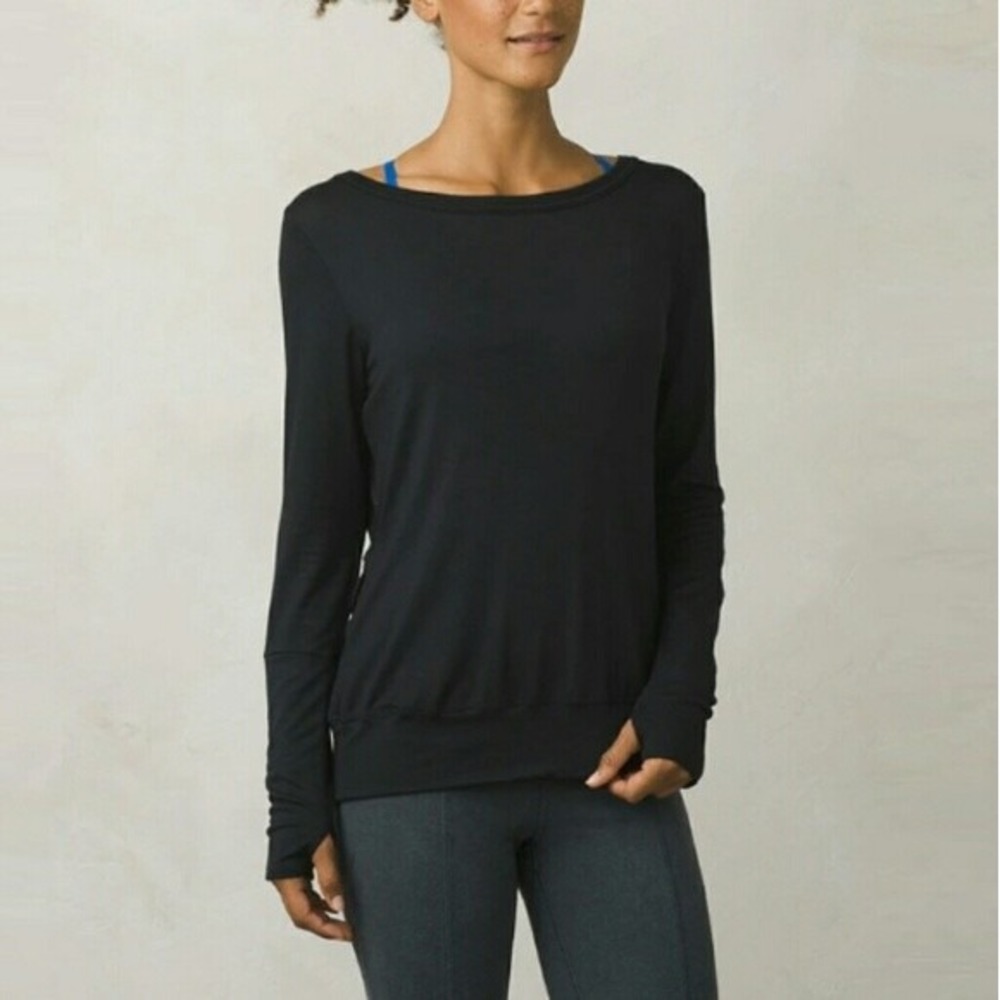 Prana Womens Synergy Top Size XL Black Open Draped Back Long Sleeve Athleisure